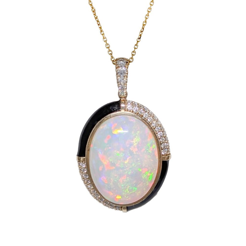 9.2cts Ethiopian Opal Pendant in Solid 14K Gold with Diamond Accents